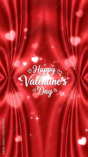 Animated Valentine?s Day celebration with glowing hearts and romantic red drapes background