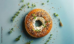 Sesame seed bagel with cream cheese and fresh herbs on light blue background