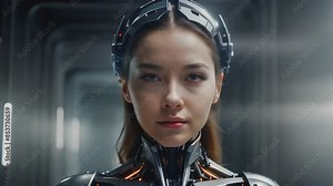 Futuristic Portrait of a Female Cyborg with Advanced Robotic Features, Capturing the Essence of AI Integration and Human-Machine Symbiosis in a High-Tech Environment