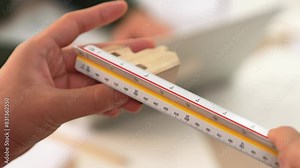 A video of skilled architect or safety engineer use scale ruler, measurement tool, to measure home shape wooden block for designing house construction on a table at studio, Focus on hand. Delineation. Stock Video
