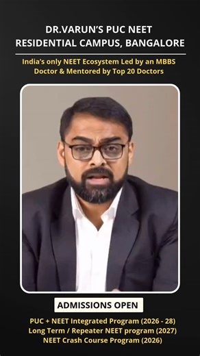 DrVarunExamExcellence|NEET coaching on Instagram: "India’s ONLY Doctor-Designed NEET Ecosystem | Not Just Coaching 🔥 India has hundreds of NEET coaching centres. Most of them teach subjects… and leave you after NEET. At Dr Varun’s Exam Excellence, we built something India has never seen before 👇 🏥 India’s ONLY NEET Ecosystem ✅ Designed & Led by Dr. Varun Murthy (MBBS Doctor) ✅ Mentored by 20+ Top Doctors ✅ Guidance not just till NEET — but PUC ➝ MBBS ➝ Medical Career & Beyond 🔑 Our 16-Point