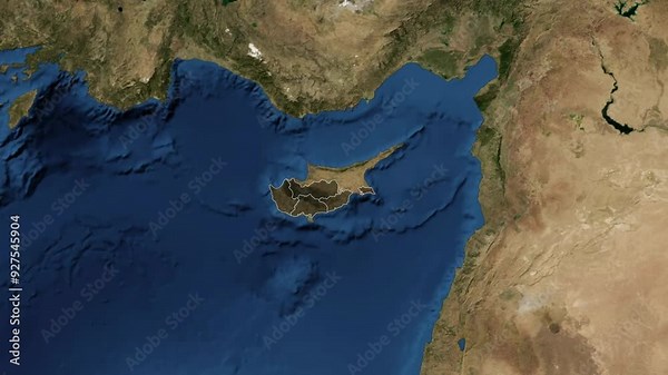 Zoom from Earth to Cyprus. (with Provinces) World map province animation with highlighted borders of countries.