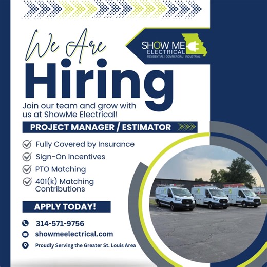 💡 Join a team that values your skills and your future! Show Me Electrical is hiring a Estimator/Project Manager in the Greater St. Louis area. ✅ Fully Covered health insurance ✅ PTO matching ✅ 401(k) matching contributions ✅ Sign on incentives If you take pride in quality work and want to grow with a company that invests in you — we’d love to have you on board. 👉 Apply today at showmeelectrical.com | Show Me Electrical Services, LLC