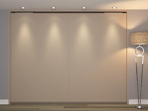 Flush closing sliding door mechanism. Sprayed or veneered doors with grooved handles.