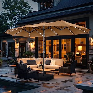 Summit Living 15 FT Double-Sided Solar Patio Umbrella with Base Large Outdoor Umbrella with LED Solar Lights - Tawny