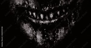 Scary monster smiling face. Angry smile of sharp fangs. Movie effect video clip. Evil demon rejoices. 2D animation horror fantasy genre. Creepy black and white background. Grunge and noir styles.