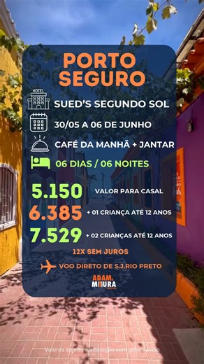 Adam & Moura Viagens on Instagram: "🚨 ÚLTIMAS VAGAS: O feriado dos seus sonhos saindo de Rio Preto! ✈️☀️ Cansado da rotina? Imagine trocar o estresse pelo som das ondas na Praia de Coroa Vermelha. 🌴 Seja para um reencontro romântico ou para criar memórias eternas com seus filhos, Porto Seguro é o destino! ✨ O QUE TE ESPERA: ✈️ Voo Direto Exclusivo: Sair de São José do Rio Preto e chegar direto no paraíso (sem escalas!). 🏨 Hotel Segundo Sol: Conforto total pé na areia. 🍽️ Comodidade: Café da