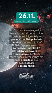 📌 26.11. - 15.12. RETROGRÁDNÍ MERKUR ♈️ Čeká nás období, kdy se planeta Merkur zdánlivě pohybuje zpětně. Ovlivňuje komunikaci, vztahy, cestování a technologie. ✨ PŘÍZNIVÉ DNY: 27.-28.11. ⚠️ NEPŘÍZNIVÉ DNY: 29.-30.11. TIPY PRO TOTO OBDOBÍ: 🔸 Zálohujte data 🔸 Buďte opatrní v komunikaci 🔸 Vyhněte se důležitým rozhodnutím 🔸 Dokončujte rozdělané projekty 🔸 Věnujte se sebereflexi Pro více tipů sledujte náš profil! 🌟 #retrogradnimerkur #astrologie #merkur #osobnirozvoj #horoskop #znameni | Svět 