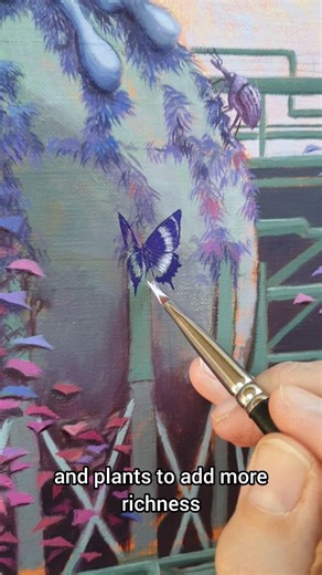 Stephanie Kilgast on Instagram: "Back in the art studio, finishing this oil painting I started working on last year during my art residency at @naughty.muse.studios I want to add more details 🌿🌱🌸🐛🦋🐞 It's an overgrown petroleum refinery I saw in Ulsan. Painting is fun. #oilpainting #surrealart #artstudio #postapocalptic #naturetakingover"