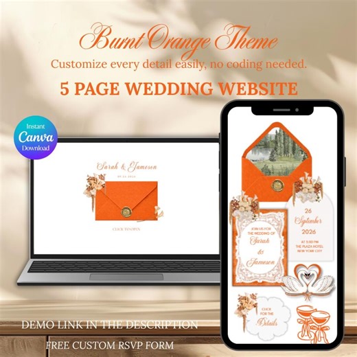 Burnt Orange Romantic Wedding Website Template, European-inspired Wedding Website With RSVP, Canva Design (digital Download) - Etsy