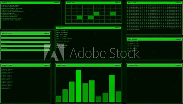 Classic green hacker console featuring multiple pop-up windows with hex dumps, network graphs, and progress bars. Footage simulates a system breach sequence ending with an "ACCESS GRANTED" overlay.