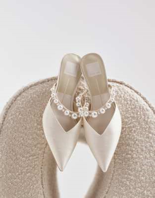 Dolce Vita Kanika bridal pointed mule heels with pearl strap in ivory satin | ASOS