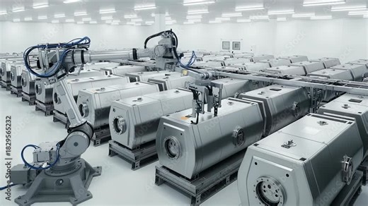 Explore the interior of a nuclear waste storage site featuring rows of sealed casks and advanced robotic equipment handling the casks remotely. A look at safe containment methods.