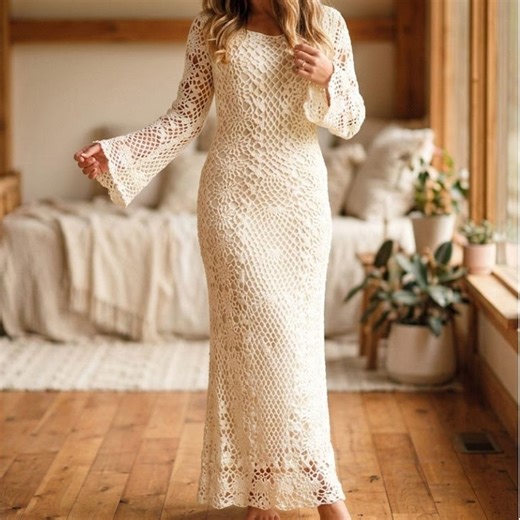 Boho Crochet Wedding Dress Pattern, Bell Sleeve Maxi Bridal Gown PDF, Long Ivory Lace Dress Pattern, Bohemian DIY Wedding Dress Tutorial - Etsy