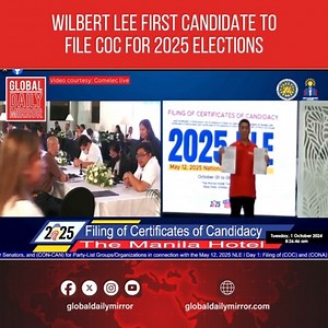 Agri Party-list Representative Wilbert Lee became the first to file his certificate of candidacy (COC) for the 2025 senatorial elections. He filed his COC at the Manila Hotel Tent City around 8 a.m. on Tuesday. Lee, who advocates for affordable food and job creation, thanked his supporters after filing, acknowledging the challenges ahead. The filing period for national and local candidates runs until October 8. Video courtesy: Comelec live | Global Daily Mirror | Facebook
