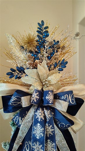 Christmas Tree Topper, Blue & Gold Poinsettia Tree Topper, XL Tree Toper, Winter Tree Bow, Poinsettia Elegant, Christmas Jeweled Decor 337 - Etsy
