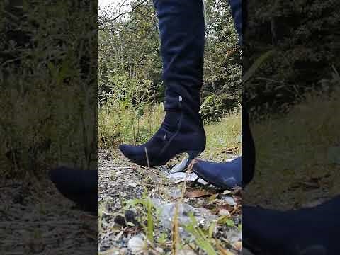 Boots crush glass | Boots trample glass | Crushing with dark blue high boots