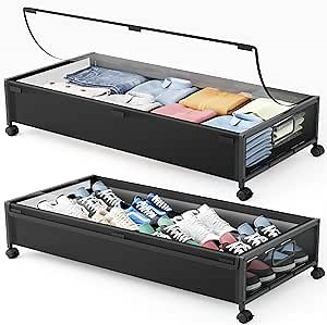 Under Bed Storage Containers with Wheels 2 Pack Underbed Shoe Storage Bedroom Storage Bins Organizer Large Capacity Under Bed Storage with Lid for Clothes Shoes Toys Blankets (Black)