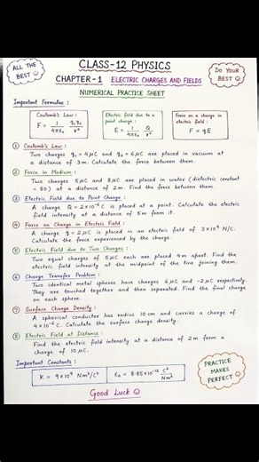 #Class 12 Physics Chapter 1 Important Numericals ⚡ Electric Charges & Fields | Handwritten Sheet#