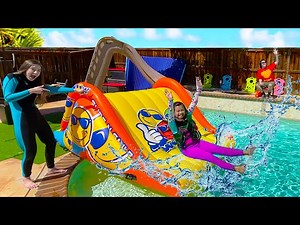 Emma and Ellie Pretend Play Going Swimming in the Pool with Giant Inflatable Slide - Videos For Kids