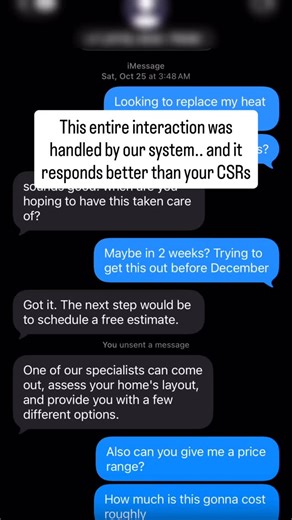 This is one of the many features in our Leadtoinstall system. It handles lead qualification and converts clients just like how the best salespeople in the industry would… and it responds quickly. And speed matters. And for those of you who don’t completely trust AI.. we have a human in the loop system and our team at the back-end ready to interject the conversation at any time. | Leadtoinstall.com
