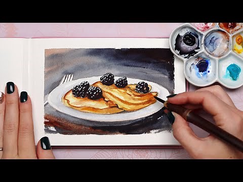 Easy Watercolor Journal Blackberry Pancakes Food Painting Tutorial