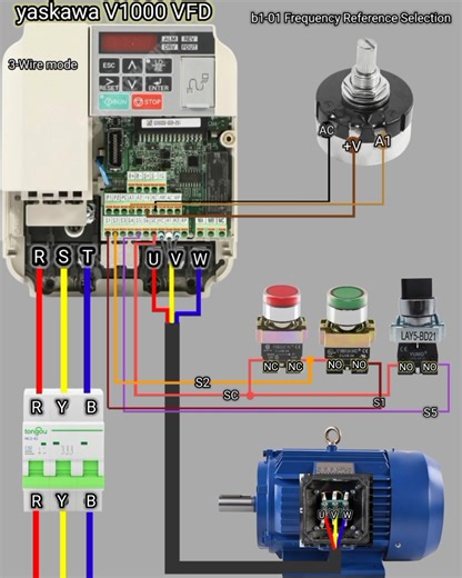 Yaskawa V1000 VFD 3-Wire Wiring | Potentiometer Speed Control | Complete Connection Diagram