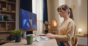 Female working with diagrams. Woman taping buttons at keyboard. Female working distant at home. Woman using computer for online work. Female using keyboard and making chart.