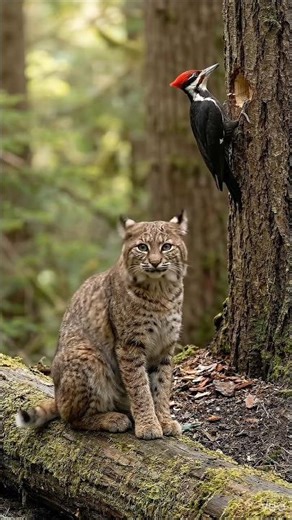Wild Bobcat Reacts to Woodpecker Call! 🐾🌲 #cat #woodpecker #fyp #viral #shorts