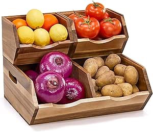 Acacia Wood Pantry Storage Bins, Stackable Storage Baskets Potato and Onion Storage Bins, Pantry Organizer Wooden Baskets Organization and Storage, Set 3 Pieces