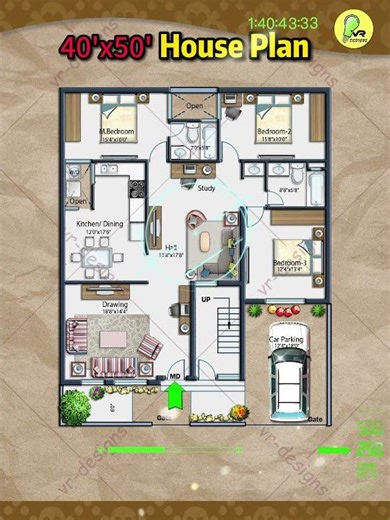 40×50 House Plan, North facing, 3 BHK with Car Parking and Front Yard, 40*50 home design #instyle