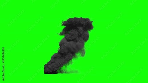 Black smoke rising on green screen. 3d animation of thick dark smoke plume billowing. Heavy smoke column isolated