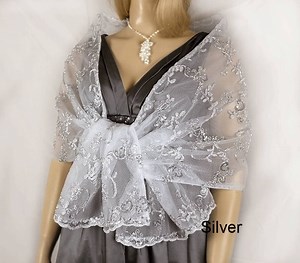 Vintage Embroidered Lace Bridal Shawl, Silver Floral Wedding Wrap - Etsy