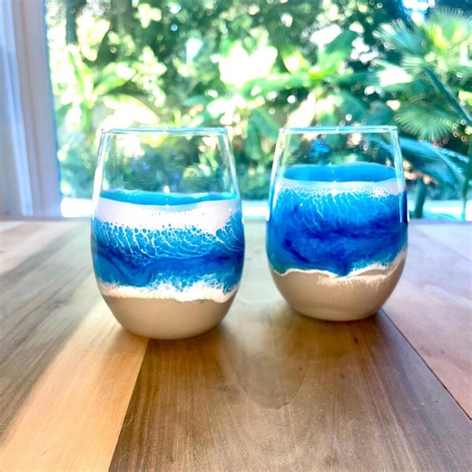Handcrafted Ocean Resin Wine Glasses: Coastal Beach Barware, Set of 2 - Etsy
