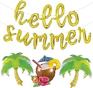 Hello Summer Balloons Banner Hawaiian Theme Party Decorations, Coconut Palm Balloons for Pool Beach Party Supplies, Gold