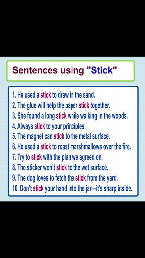 6.7K views · 87 reactions | Meaning of "Stick" with example sentences Learn English sentences Learn English Vocabulary Vocabulary building #englishsentences #learnenglish #englishlearning #englishtips #englishteacher #advancedenglish #dailyenglish #English #stick | English Learning | Facebook