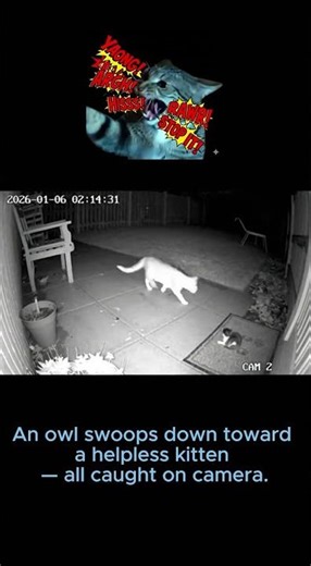 An owl swoops down toward a helpless kitten
