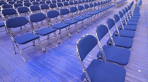 Download rows of empty blue chairs without spectators before seminar, concert, primaries for free