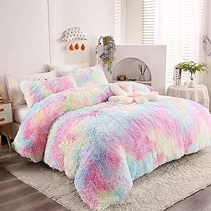 Luxury Plush Shaggy Bedding Sets 3PC Fluffy Bedding Crystal Velvet Ultra Soft Duvet Cover Zipper Closure Queen Size (Include 2 Pillowcases),Rainbow