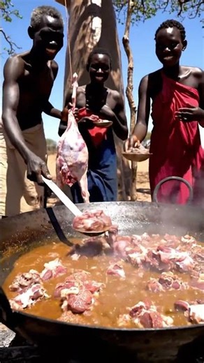 Hadzabe Cooking: Giant Pot Goat Meat in African Bush! 🔥 #tribalfoodjourney #goatstew #shorts