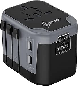 5 in 1 Universal Travel Adapter-10A | International Power Adapter with 2 USB C, 2 USB A Ports | 3.4A & 2400W Fast Portable Charger | Travel Adapter Worldwide Covering 200+ Countries- Black