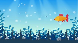 Download Fish eating food animation inside the water and coral leaves. Blue ocean water with air bubbles and coral leaves 4K footage. Colorful sea fish flat design with a coral reef and stones animated video. for free