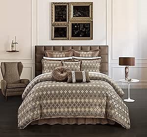 Chic Home Sue 9 Piece Comforter Set Chenille Geometric Scroll Pattern Flange Border Bedding - Bed Skirt Decorative Pillows Shams Included, Queen, Brown
