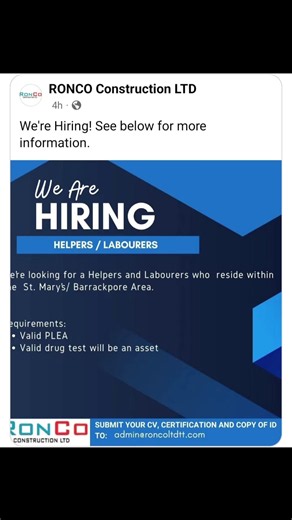 Runco Construction hiring helpers & laborers in Saint Mary's Bakpo