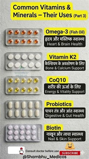 Common Vitamins & Minerals Uses 💊 | Omega-3, K2, CoQ10, Probiotics, Biotin Benefits | #shorts
