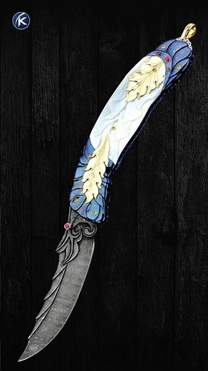 Donald Vogt Custom Knife Carved Blued Devin Thomas Damascus Encrusted with Rubies