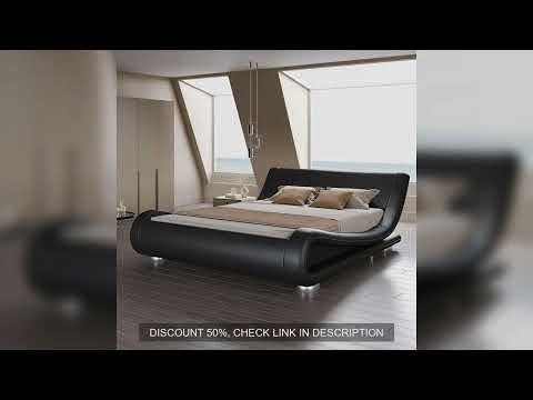 Queen Size Bed Frame with Faux Leather Ergonomics Headboard, No Box Spring Needed & Easy Assembly, Q