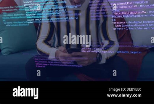 Seated man tapping phone and causing code overlay expanding across screen while debugging in tech. Mobile, sofa, cushions, lifestyle, programming, minimalist, ambient Stock Video Footage - Alamy
