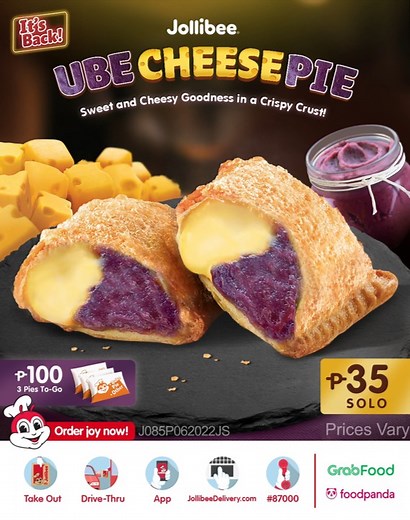 We're bringing the ube cheese craze back! Bite into sweet & cheesy goodness all in our signature crispy crust with the Jollibee Ube Cheese Pie! Order now through JollibeeDelivery.com, Jollibee Delivery App, #87000, GrabFood, or foodpanda! Also available in Drive-Thru, Take Out, and Dine-In. Download the Jollibee App: bit.ly/JollibeePHApp | Jollibee
