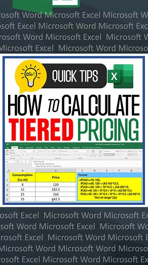 Excel Tutorial: Tiered Pricing Calculation Made Easy. Keep on learning! ❤🥰 This tutorial shows you how to easily calculate tiered pricing in Excel using nested IF functions. Follow along with simple examples to master this useful skill in no time! #ExcelHacks #ExcelTutorial #ExcelTips | DieT